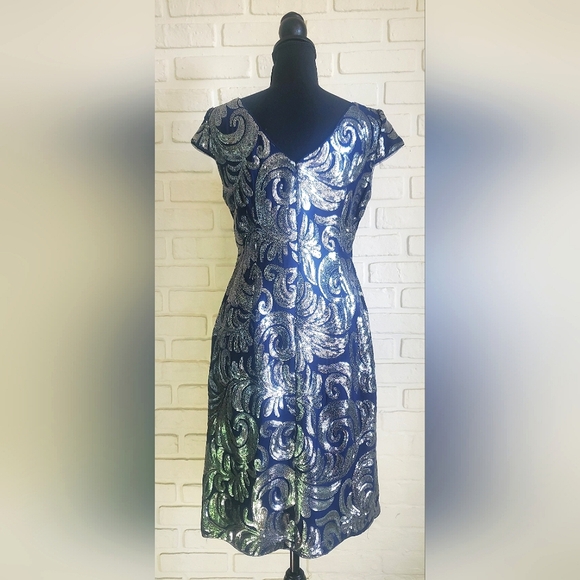 Adrianna Papell Sequin Chiffon Cocktail Dress Cap Sleeve Blue Silver Size 8 - Picture 10 of 16
